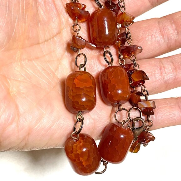 Genuine Burnt Orange Snakeskin Agate Bib Necklace, Large Gemstone & Copper Links - Picture 13 of 13